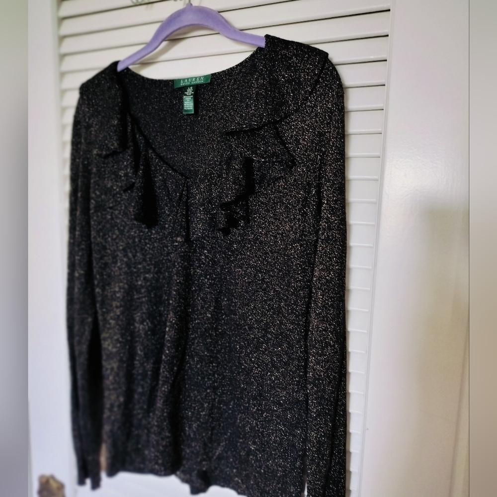 Lauren Ralph Lauren Women's Black Viscose Ruffle Trim Blouse Gold Metallic Large